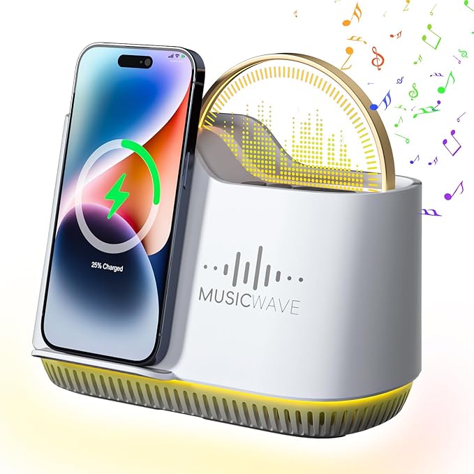 Night Light Bluetooth Speaker, Touch Control Bedside Lamp with Dimmable Dynamic Colored Lights, 15W Wireless Charging Station, Phone Holder, Gifts for Girls Boys Women Gifts Room Decor
