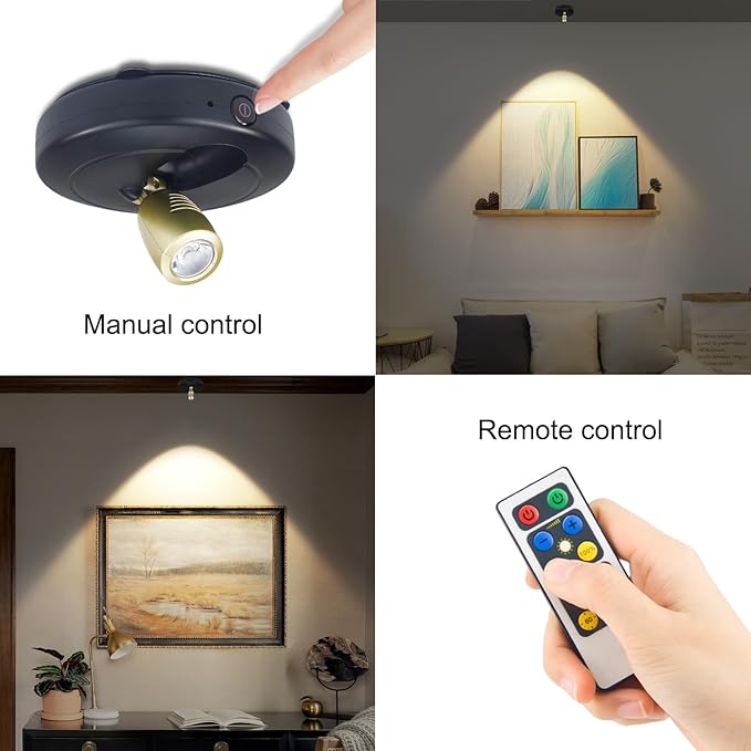 Wireless LED Spotlights, Battery Operated Picture Frame Lights, Stick on Puck Light with Remote, Dimmable Accent Indoor Uplighting for Art Dartboard Painting Display Plants, Black, 2 Packs