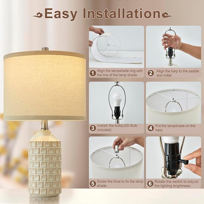 Luvkczc Vintage Farmhouse Table Lamp Set of 2, Grid Nightstand Lamp with Eye-Protecting Fabric Shade, 3-Color Temperature&2 Bulbs - Rustic Table Lamp Lamps for Living Room Bedroom Decor