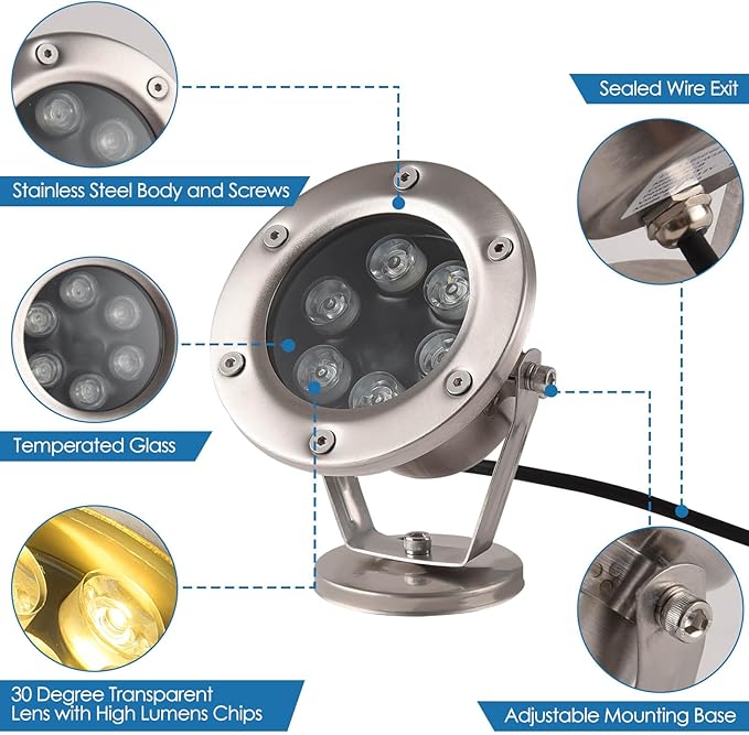 LED Pond Light Submersible Waterfall Fountain Underwater Light 12W 12V Warm White Color for Outdoor Home Garden Patio Pond