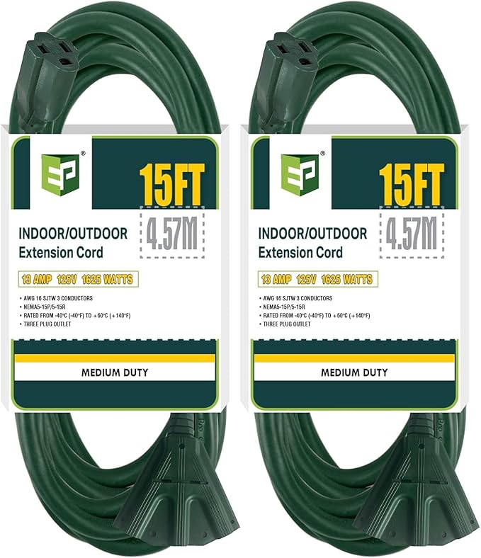 EP 2 Pack 15 Ft Outdoor Extension Cord with 3 Electrical Power Outlets - 16/3 SJTW Green Cable with 3 Prong Grounded Plug for Safety Great for Christmas Lights, Garden and Major Appliances