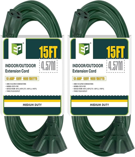 EP 2 Pack 15 Ft Outdoor Extension Cord with 3 Electrical Power Outlets - 16/3 SJTW Green Cable with 3 Prong Grounded Plug for Safety Great for Christmas Lights, Garden and Major Appliances