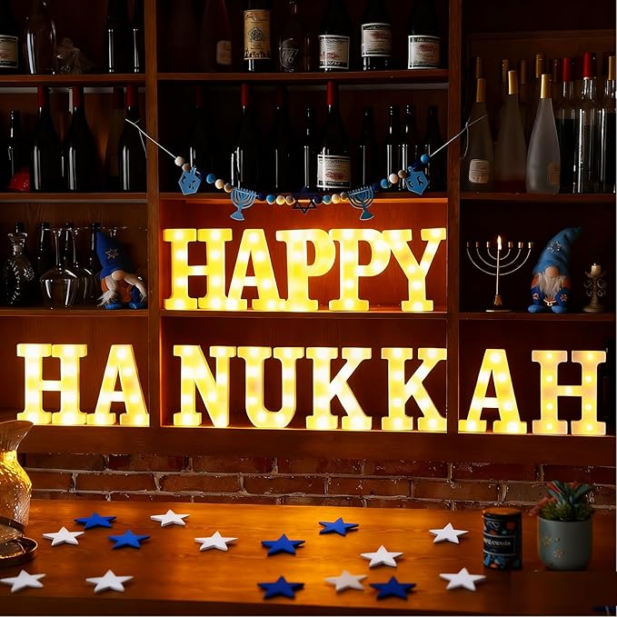 13 Pcs Happy Hanukkah Large LED Letter Sign LED Lights Battery Powered Jewish Table Decoration for Chanukah Party Jerusalem Party Decor