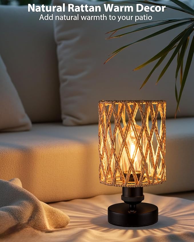 Cordless Outdoor Table Lamps, Small Rattan Boho, Rechargeable Battery Operated for Outdoor Patio, Home, Living Room, Bedroom, Bedside - Set of 2 (Beige-A)