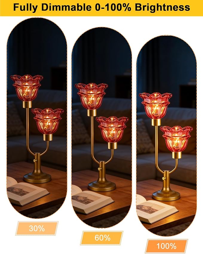 Lightdot Mid Century Modern Flower Table Lamp Gold Dimmable U-Shaped Deep Red Glass Desk Lamps with 2Pcs 3000K Warmwhite Bulbs Included Bedside Nightstand Lamp for Living Room Bedroom