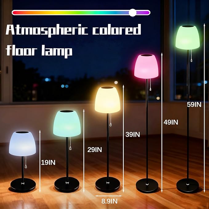 Solar Floor Lamp Outdoor Waterproof, Christmas Lights Charging Cable for Rechargeable Floor Lamp, Cordless Dimmable Warm White+RGB+16 Colors LED Floor Lamps for Lawn, Pool, Garden 59 inch