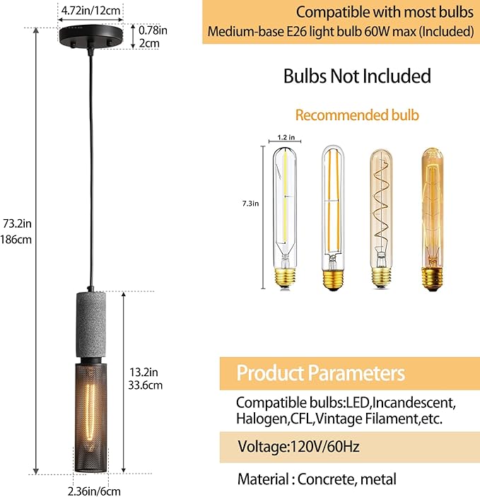 Concrete Linear Pendant Light with a Metal Mesh Shade,Modern Industrial Hanging Cement Pendant Lighting Fixture for Kitchen Island Dinning Room Bedroom(Black 2-Pack)