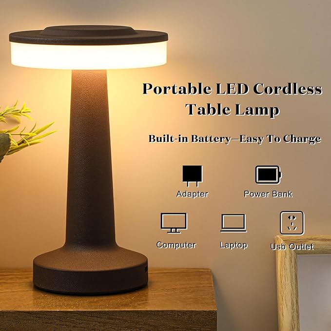 Riakrum 2 Pcs LED Portable Cordless Table Lamp with Touch Sensor 3 Color Stepless Dimming Rechargeable Battery up to 15 Hours Cordless Table Light Wireless Lamp for Nursery (Brown)