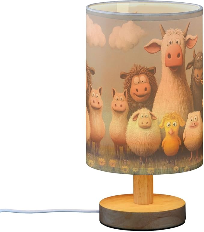 Cute Farm Animal in Floral Grass Table Lamp with Wood Base Fabric Lamp Shade Bedside Nightstand Desk Lamp for Living Room Bedroom Kids Room Office