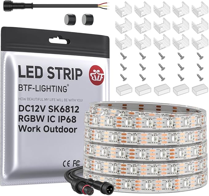 BTF-LIGHTING SK6812(Similar WS2812B) RGBW RGB+Natural White(4000K) Individually Addressable DC12V 16.4FT 60LED/m 4 Color in 1 Light Dream LED Strip IP68 White PCB(No Adapter or Controller)