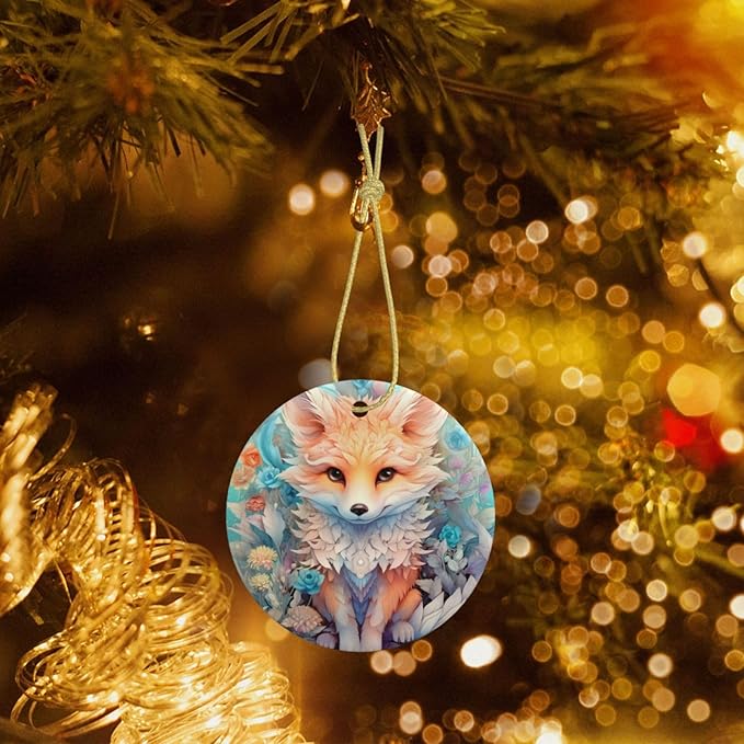 Cute Animal Fox Flowers Christmas Ornaments, Christmas Decorations Xmas Tree Hanging Ornaments, Round Ceramic Festive Keepsake Gift for Christmas Decorations Holiday Home Party Decors