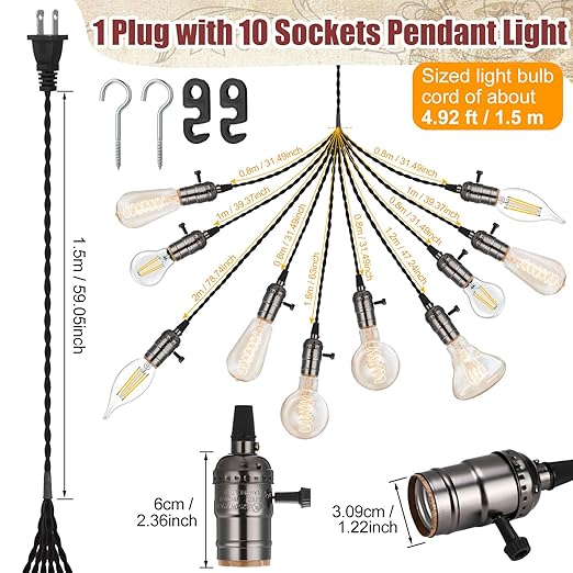 2 Pcs Vintage Pendant Light Sockets Light Cord Kit with Switches DIY Bulb Socket with Cord for E26 E27 Lamp Socket Lantern Bedroom Living Room Decor (1 Plug with 10 Sockets,Black)