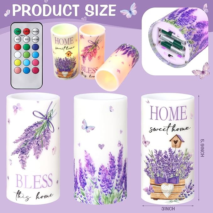 3 Pcs Purple Lavender Flameless Candles with Remote Color Changing Battery Operated LED Pillar Bless This Home Candles for Spring Lavender Easter Living Room Farmhouse Kitchen Decor