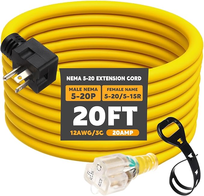 Kanayu 20 FT NEMA 5-20 Extension Cord, 5-20P Male Plug to 5-20/5-15R Female Receptacle, 20 Amp T-Blade Outlet Extension Power Cord with Indicator Light, 12 AWG, ETL Listed