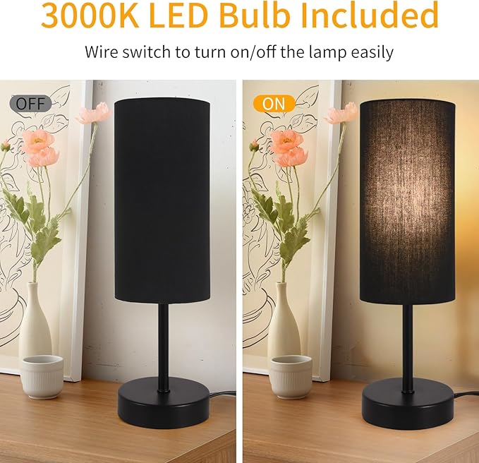 2 Pack Table Lamp for Bedroom, Bedside Lamps for Nightstand with Wire Switch, Minimalist Desk Lamps with Linen Fabric Shade for Kids Room Living Room Office Dorm, Bulb Included
