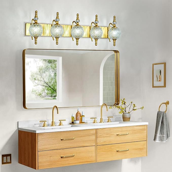 Modern Crystal Bathroom Vanity Lights Fixtures Over Mirror Gold Vintage 5-Lights 36 Inch Bathroom Light Fixtures Glass Crystal Vanity Lights