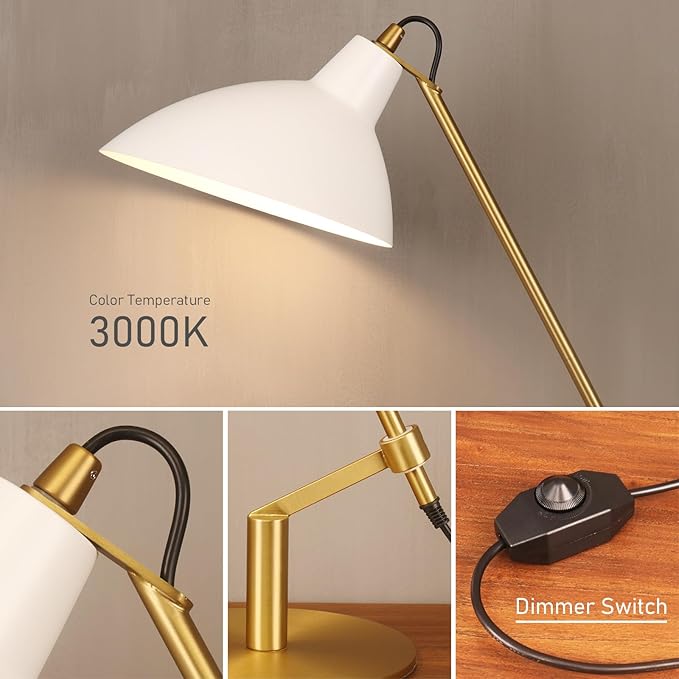 Desk Lamp Modern Industrial 100% Metal Table Lamp 22", Soft White Light (3000K) with Adjustable Switch, Ideal for Office Bedroom Study Room Living Room Nightstand Bedside Lamps White+Brass