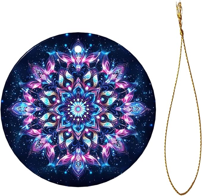 Glowing Mandala Bohemian Christmas Ornaments, Christmas Decorations Xmas Tree Hanging Ornaments, Round Ceramic Festive Keepsake Gift for Xmas Decorations Holiday Home Decor