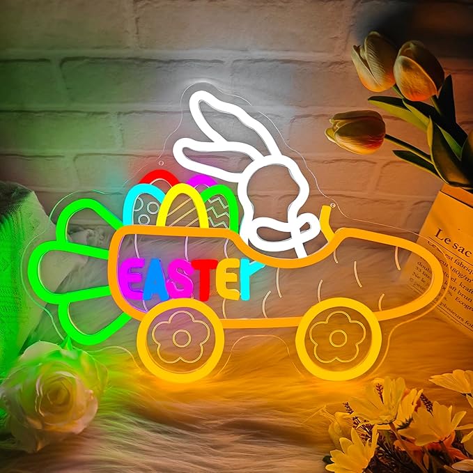Easter Neon Sign Dimmable Easter Bunny Neon Light for Wall Decor Carrot Cart Light Up Sign LED Bunny Driving a Carrot Cart for Party Decoration