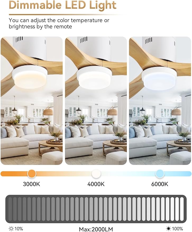 Sofucor Ceiling Fan with Lights, 52 Inch Low Profile Flush Mount Modern Wood Ceiling Fan with Remote for Indoor Farmhouse Bedroom Living Room Outdoor Patio Porch, Reversible DC Motor, Noiseless