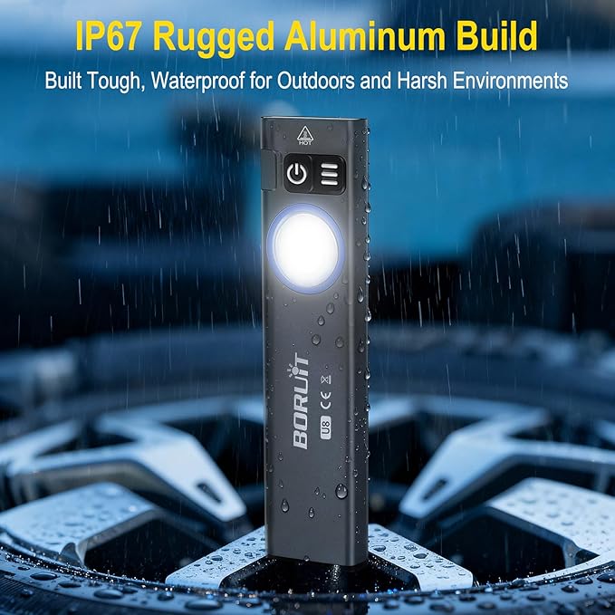 BORUIT U8 Small Flat EDC Flashlight,650 Lumens USB-C Rechargeable Pocket Flash Light with White, Yellow & RGB LEDs, IP67 Waterproof, Magnetic Tail & Clip for Camping, Hiking, Emergencies