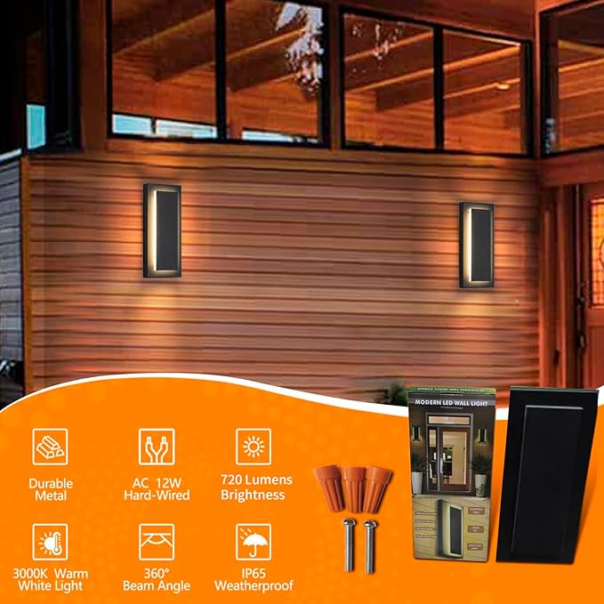 11.8" Outdoor Wall Lights, Black Led Wall Sconces,Exterior Light Fixtures Wall Mount, 3000K Warm White,Waterproof Modern Porch Hallway Front Door Lights 360°Beam Angle 1 Pack