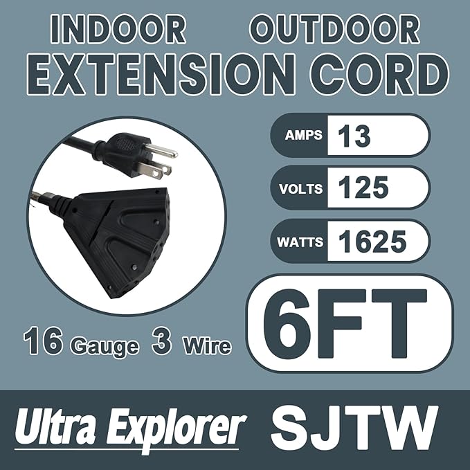 6 Ft Outdoor Extension Cord with 3 Electrical Power Outlets - 16/3 SJTW Long-Lasting Black Cable with 3 Prong Grounded Plug