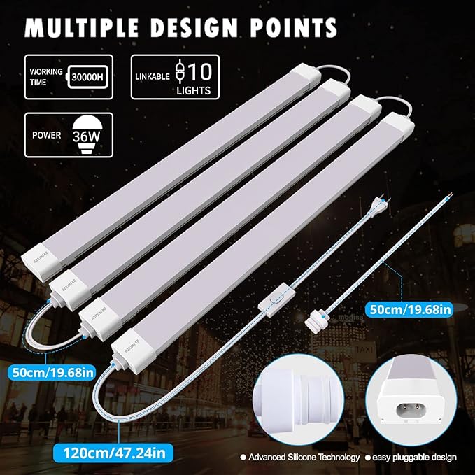 KUKUMAO Utility LED Shop Lights Fixture with Plug 4FT 5000K 36W 3600LM Linkable Waterproof Closet Light Under Cabinet Light Ceiling Tube Light for Garage Kitchen Bathroom Workbench and Office