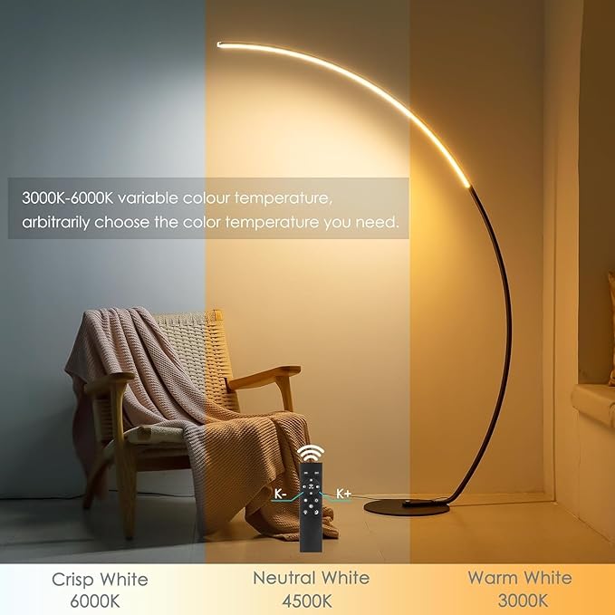NUÜR Modern Arc Floor Lamp with Remote Control, 67" Tall Bright LED Standing Lamp, Stepless Dimmable & 3 Color Temperatures, Minimalist Curved Pole Light for Living Room, Bedroom & Office, Black