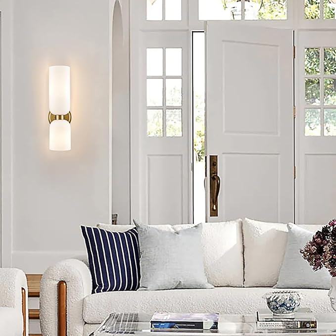 Gold Wall Sconces Mid Century Wall Light Modern Gold Wall Sconces Set of Two 2-Light Modern Wall Light Bathroom Vanity Light Milky White Glass for Bedroom Kitchen Dining Room (Gold)