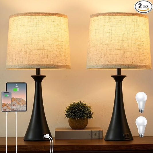 Touch Lamp for Living Room Bedroom, 21" Table Lamps Set of 2 with USB C+A Ports, Touch Bedside Lamps for Nightstand with 3 Way Dimmable, 2 LED Bulbs Included, Black