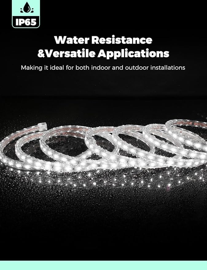 GZBtech AC 110-120V LED Strip Lighting 16.4FT/5M, 6000K Cool White IP65 Waterproof Outdoor Strip Lights, 60LEDs/M SMD2835 Cuttable & Connectable LED Rope Light for Indoor Outside Exterior, ETL Listed