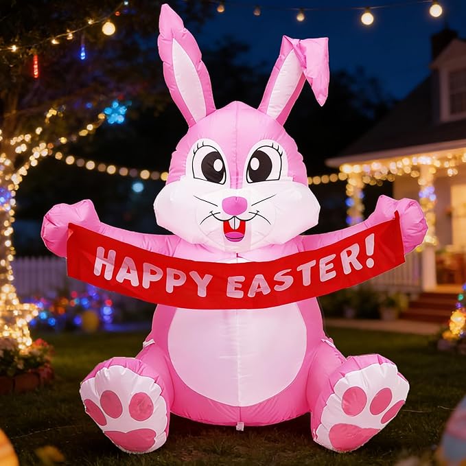 Dearsun 5FT H Adorable Easter Inflatable Bunny Holding a Banner, Easter Bunny Blow up Yard Decorations Giant Pink Bunny with LED Lights for Holiday Party Indoor Outdoor Décor
