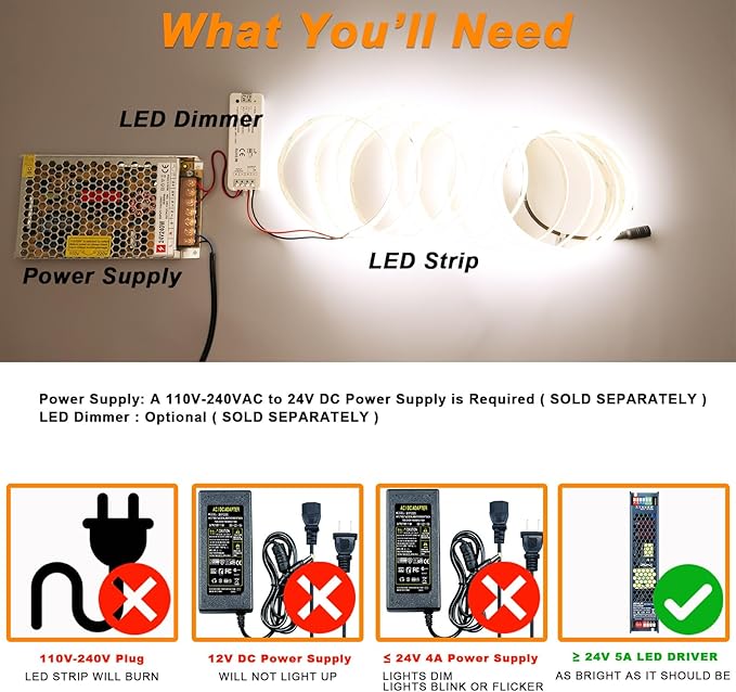 JOYLIT 24V LED Strip Lights IP67 Waterproof 16.4FT 5000K 838LM/ft Ultra Bright CRI 92+, CE UL PRO 238LEDs/M 2835 SMD High Density Dimmable Daylight White Tape Light for Commercial, Architecture, Home