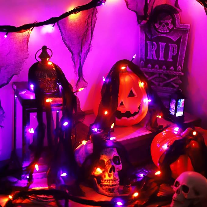 YAOZHOU Battery Powered Halloween String Lights, Orange and Purple Indoor 30LED with Black Gauze Timer, 8 Mode Battery Operated 9.9Ft Creepy Cloth Spooky Decorations, Gothic Party Room Decor (1PACK)