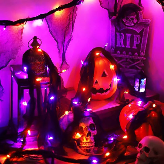 YAOZHOU Battery Powered Halloween String Lights, Orange and Purple Indoor 30LED with Black Gauze Timer, 8 Mode Battery Operated 9.9Ft Creepy Cloth Spooky Decorations, Gothic Party Room Decor (1PACK)