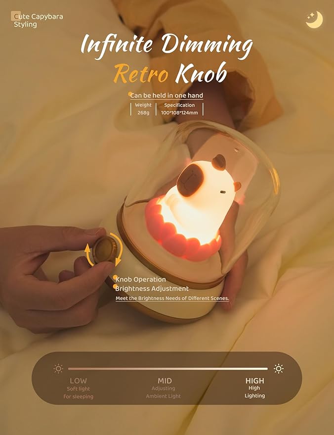 Lucky Capybara Night Light, Cute Rechargeable Lamp for Kids, Rotatable Brightness Adjustment, Lucky Capybara Gift (Yellow)