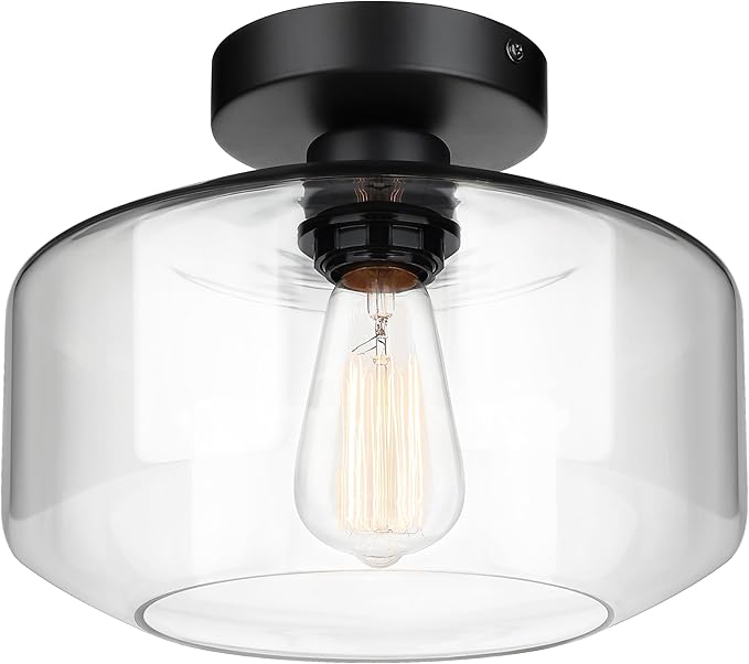 MAXvolador Industrial Semi Flush Mount Ceiling Light Large, Clear Glass Pendant Lamp Shade, Lighting for Hallway, Vintage Hanging Light Fixtures