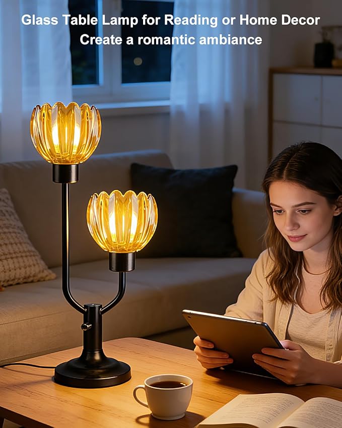 Lightdot Mid Century Modern Glass Table Lamp Black Dimmable U-Shaped Desk Lamps with Brown Lotus Glass Shade& 2Pcs 3000K Warmwhite Bulbs Included Bedside Nightstand Lamp for Living Room Bedroom