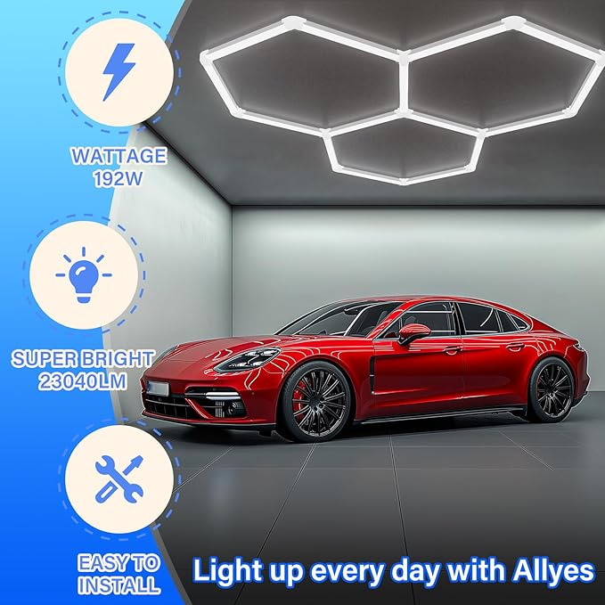 ALLYES Hexagon Garage LED Lights- Hex Ceiling Lights 128W 17280LM 6500K, Hexagon Lights for Workshop Gym Basement