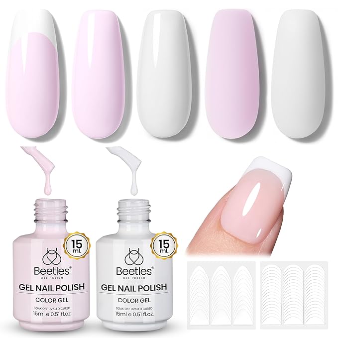 Beetles French Tip Gel Polish Set - Spring White Pink Gel Nail Polish Set 15ML Full Size Soak Off UV LED with 2 Styles Classic French Nail Art Sticker Sheets Manicure DIY Home Salon Gifts for Women