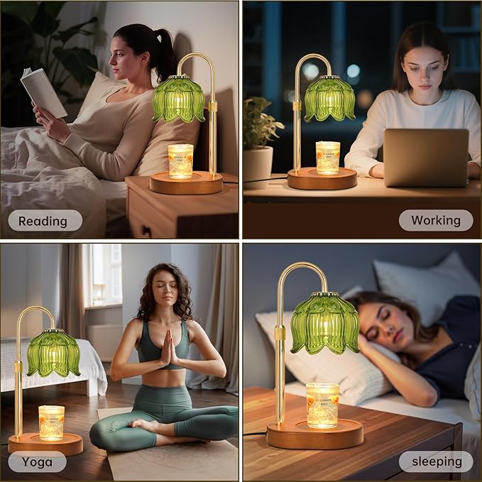 Candle Warmer lamp with Timer Dimmer,Electric Candle Warmer, Vintage Flower Lotus lamp,Compatible with Various Candles, Gifts for Mom Women,Candle Lamp for Bedroom Home Decor (Flower lamp-Green)