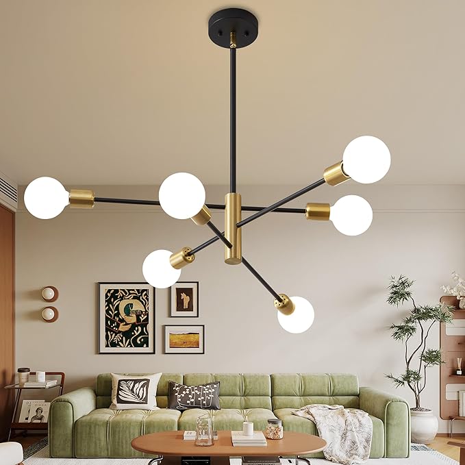 Sputnik Chandelier Mid Century Modern Industrial E26 Pendant Lighting Chandeliers Ceiling Light Fixture Black and Gold Light for Living Room,Kitchen,Bedroom,Dining Room and Farmhouse