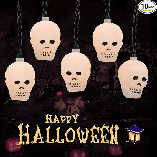 Halloween Skull String Lights, 8.5Ft Outdoor Halloween Decorative Lights with 10 White Ghost Head, Connectable Hanging Skull Lights for Indoor Outdoor Patio Party Holiday Decor, Black Wire