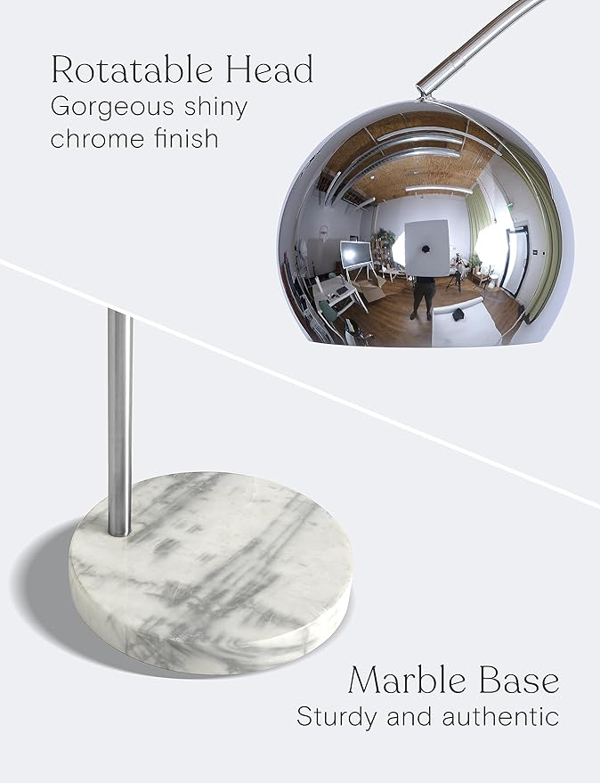 Brightech Olivia Floor Lamp - Chic Arc Lamp with Rounded Spolight Head and Marble Base for Living Room, Tall Standing Lamp with LED Light Bulb for Bedroom Reading, Boho Home Decor for Office - Chrome