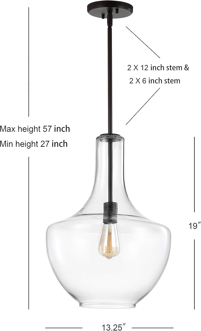 JONATHAN Y JYL6401B Watts 13.25" Glass/Metal LED Pendant Farmhouse Contemporary Transitional Dimmable Dining Room Living Room Kitchen Foyer Bedroom Hallway, Oil Rubbed Bronze/Clear
