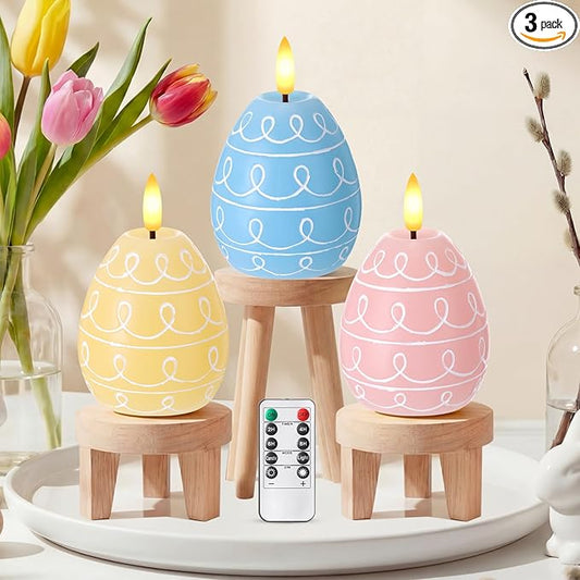 Baquler 3 Pcs Easter Egg Flameless Candles with Timer Egg Shape LED Candle Real Wax Battery Operated Flickering LED Candles Gift No Battery for Easter Party Living Room Home Decor (3 Color)