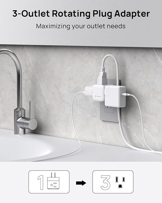 TROND 2 to 3 Prong Outlet Splitter 2 Pack, 3 Way Plug Extender with 360 Rotating Plug, US to Japan Power Adapter for Travel, 3 Prong Adapter for Non-grounded Outlet in Old House