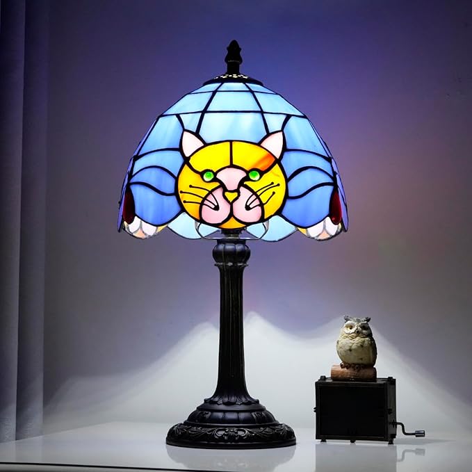Stained Glass Table Lamp 8 Inch Orange Warm Ambient Lighting Bedroom Small Nightstand Dorm Cafe Office Corner Vintage Home Decoration Table Lamp Blue Cute Cat Lamp