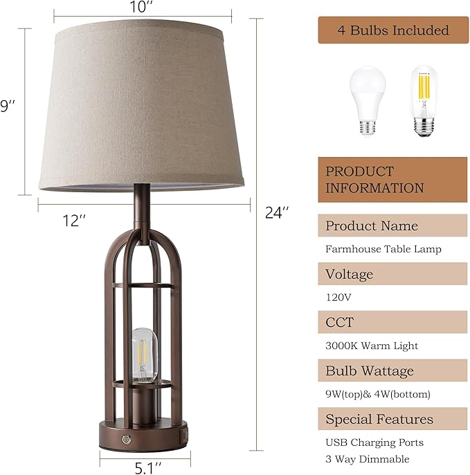 24" Table Lamps for Living Room Set of 2, Rustic Farmhouse 3-Way Dimmable Touch Industrial Bedside Lamps with USB A+C for Bedroom Nightstand，4 Bulbs Included